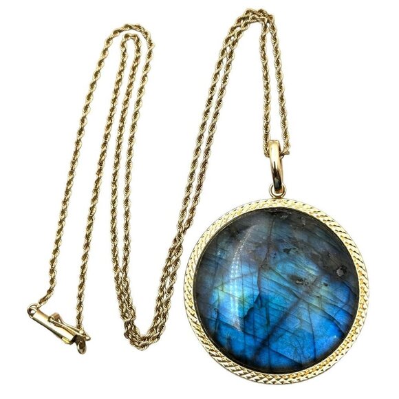 Milor Italy Necklace Solid 14k Yellow Gold Labradorite Pendant 20" Chain 20 Gram - Picture 3 of 9